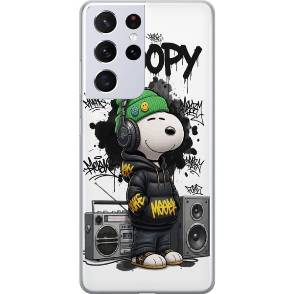 Kompatibel Mobilcover til Samsung Galaxy S21 Ultra 5G Snoopy i streetwear med høretelefoner og graffiti-stil står ved siden af en boombox og smiler s