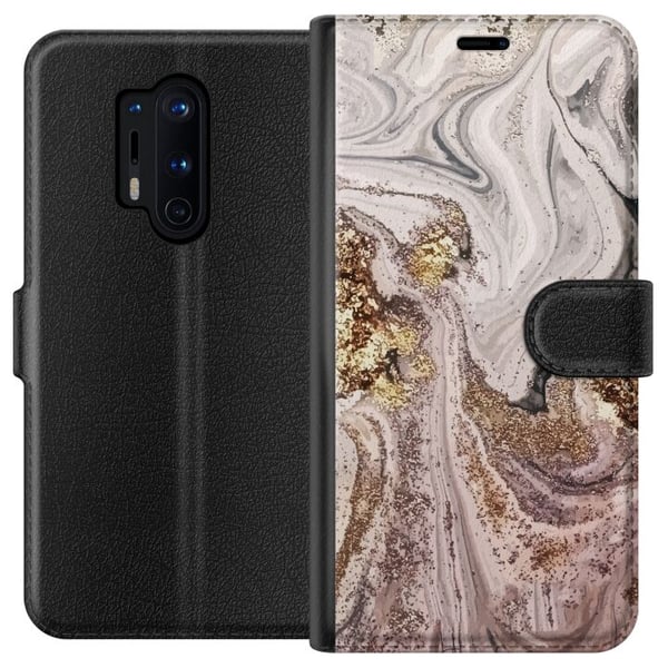 Kompatibel Tegnebogsetui til OnePlus 8 Pro Beige marmor med guldglimmerstruktur, elegant design med luksuriøs følelse, perfekt til moderne stil