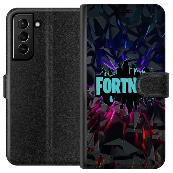 Kompatibelt Lommeboketui til Samsung Galaxy S21+ 5G Fortnite-plakat – Logo i blå neon på svart bakgrunn, gamingdesign Kompatibelt Lommeboketui til Samsung Galaxy S21+ 5G Fortnite-plakat – Logo i blå neon på svart bakgrunn, gamingdesign