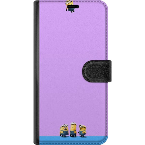 Kompatibelt Plånboksfodral till Samsung Galaxy A20e Minions illustration med lila och blå bakgrund humoristiskt filmtema för fans av roliga karaktäre