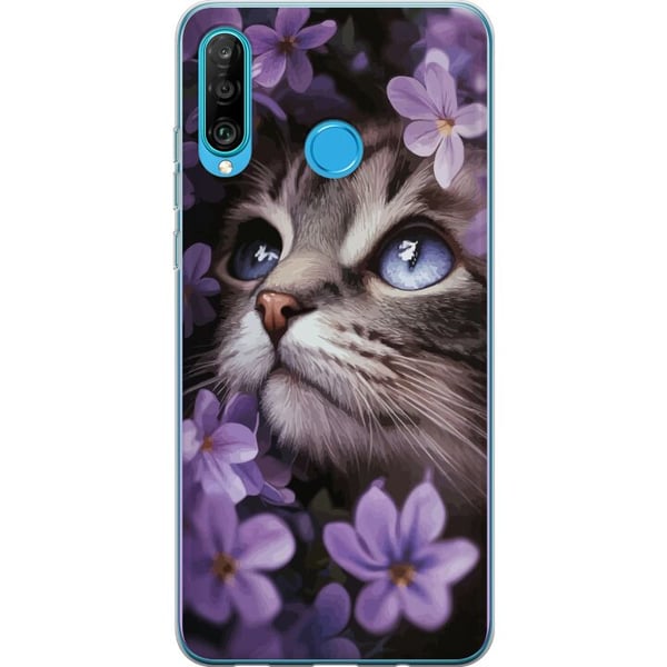 Kompatibelt Mobilskal till Huawei P30 lite Kat och blommor