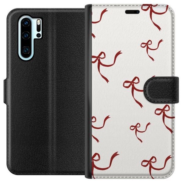 Yhteensopiva Lompakkokotelo Huawei P30 Pro Elegantti kuvio, jossa on punaisia silkkinauharusetteja vaalealla taustalla romanttisen ja ajattoman tunne