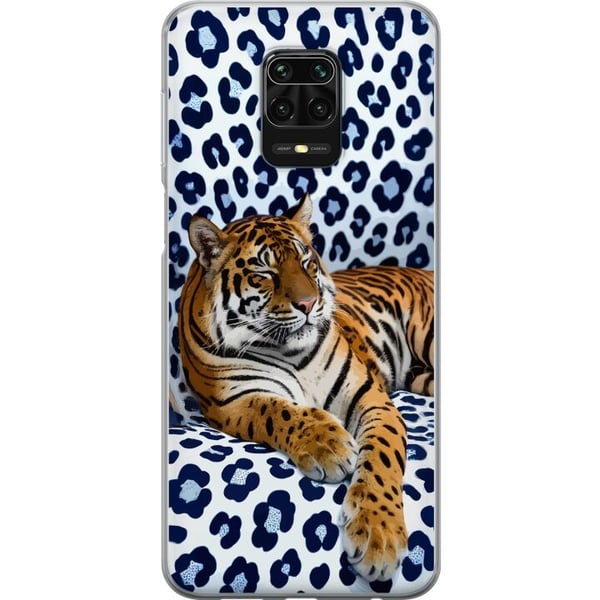 Kompatibel Mobilcover til Xiaomi Redmi Note 9S Tiger Chill Pattern-motiv med en tiger, der hviler mod en hvidblå mønstret baggrund i moderne design