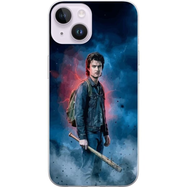 Yhteensopiva Puhelinkuori Apple iPhone 14 Plus Stranger Things -muotokuva, jossa on pesäpallomaila, salamoita ja dramaattinen tausta