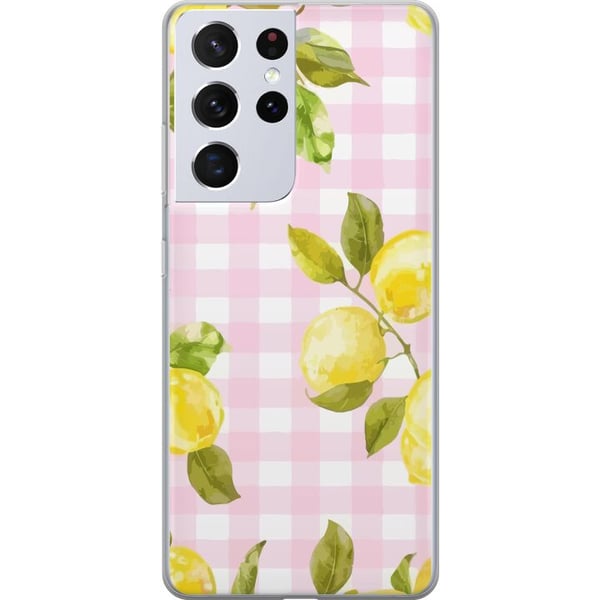 Yhteensopiva Puhelinkuori Samsung Galaxy S21 Ultra 5G Sitruunanpunainen gingham-kuvio – sitruunakuvio, jossa on vaaleanpunainen ruutukuvio pastellise