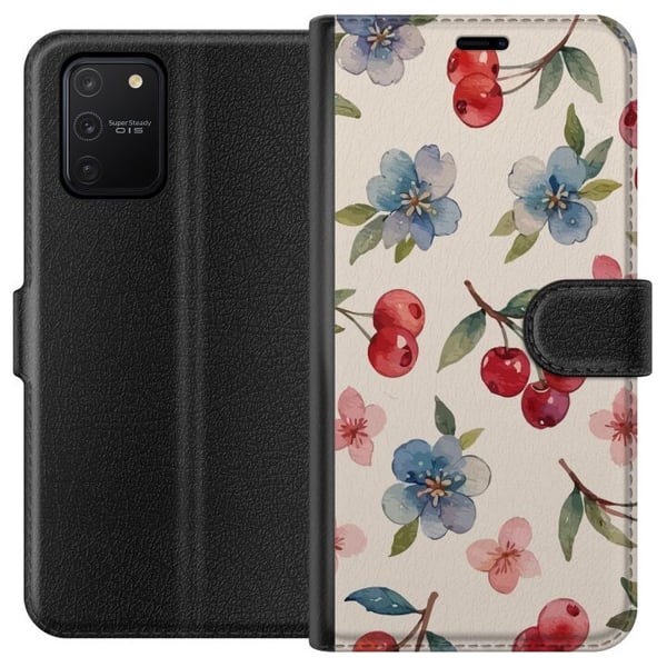 Kompatibelt Lommeboketui til Samsung Galaxy S10 Lite Bær & Blomster - mønster med blå blomster og skogsbær Kompatibelt Lommeboketui til Samsung Galaxy S10 Lite Bær & Blomster - mønster med blå blomster og skogsbær