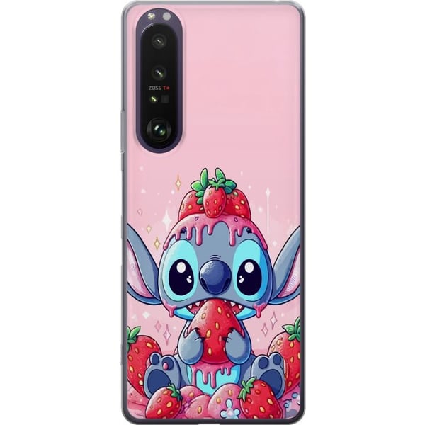 Kompatibel Mobilcover til Sony Xperia 1 III Stitch Strawberry Love – sødt motiv med blå figur og jordbær i lyserødt pasteltema