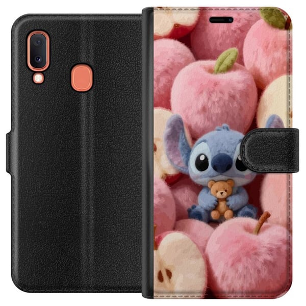 Kompatibelt Lommeboketui til Samsung Galaxy A20e Stitch i fluffy rosa epler med liten teddybjørn i sjarmerende kawaii-estetikk Kompatibelt Lommeboketui til Samsung Galaxy A20e Stitch i fluffy rosa epler med liten teddybjørn i sjarmerende kawaii-estetikk