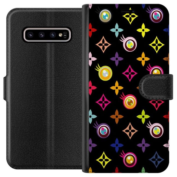 Kompatibel Tegnebogsetui til Samsung Galaxy S10+ Farverigt mønster med geometriske symboler og øjne på sort baggrund pop art-design