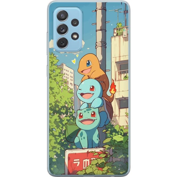 Kompatibel Mobilcover til Samsung Galaxy A52 5G City Trio tre glade små figurer i bymiljø med blå himmel og grønne træer, charmerende illustration