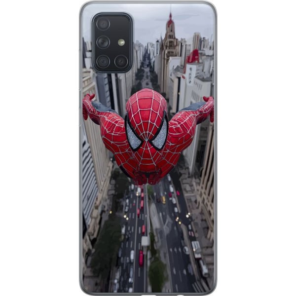 Kompatibelt Mobildeksel til Samsung Galaxy A71 Spiderman over byen Marvel-superhelt action bysilhuett svingende dynamisk tegneserieheltemotiv plakat Kompatibelt Mobildeksel til Samsung Galaxy A71 Spiderman over byen Marvel-superhelt action bysilhuett svingende dynamisk tegneserieheltemotiv plakat