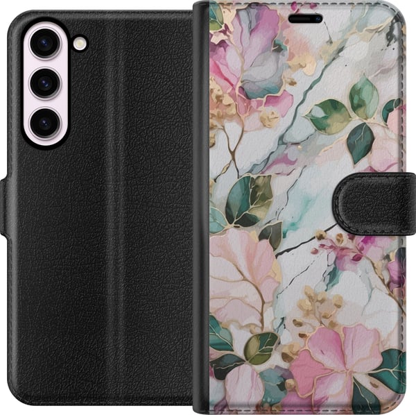 Kompatibelt Lommeboketui til Samsung Galaxy S23+ Pastellmarmor med blomster, blader og subtile gylne detaljer i en myk komposisjon