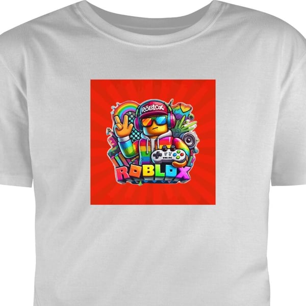 Barn T-skjorte Roblox-figur med spillkontroll og regnbuefarger livlig gamingdesign for spillentusiaster Grå 9-11 År