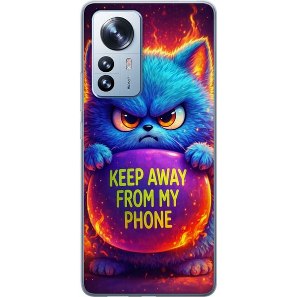 Kompatibel Mobilcover til Xiaomi 12 Pro Vred, lodden blå kat med teksten Keep Away From My Phone i neonfarver og flammelignende effekter, humoristisk