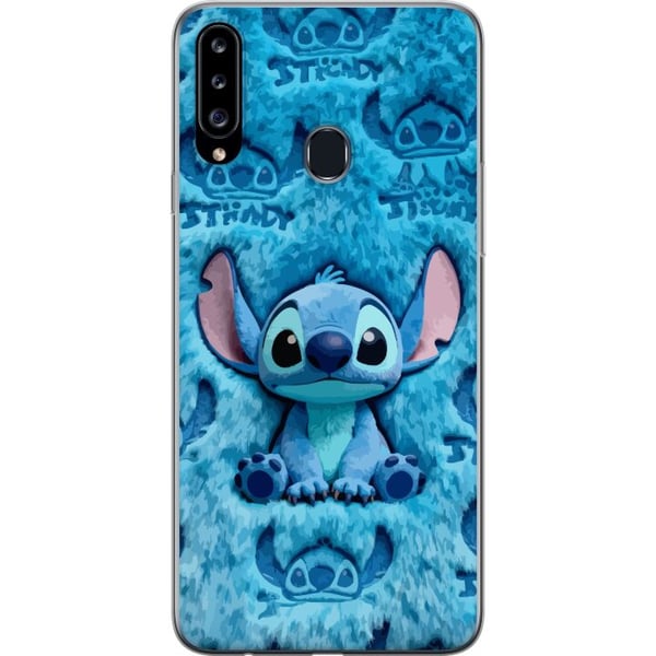 Kompatibelt Mobilskal till Samsung Galaxy A20s Stitch sitter på fluffigt blått mönster med sitt ansikte och öron upprepade som textur vilket skapar e