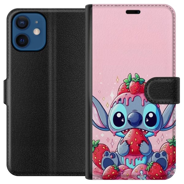 Kompatibel Tegnebogsetui til Apple iPhone 12 Stitch Strawberry Love – sødt motiv med blå figur og jordbær i lyserødt pasteltema
