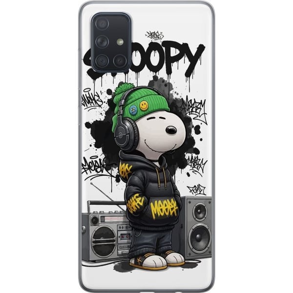 Kompatibelt Mobilskal till Samsung Galaxy A71 Snoopy i streetwear med hörlurar och graffitistil står bredvid boombox och ler stort, ett urbant modern