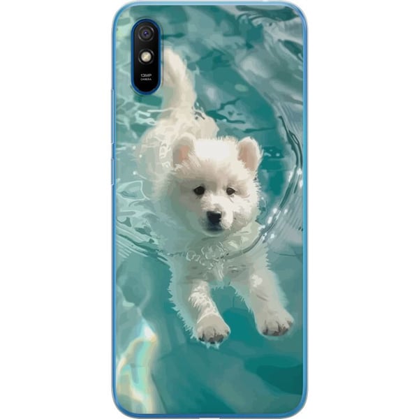 Kompatibel Mobilcover til Xiaomi Redmi 9A Hvalp i vand hvid hvalp hund swimmingpool blå turkis sommermotiv sød kæledyrsillustration design kunst