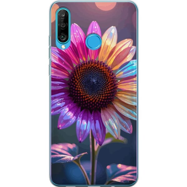 Kompatibelt Mobilskal till Huawei P30 lite Skimrande iriserande blomma i rosa lila och guld mot mjuk bokeh och ljusglitter