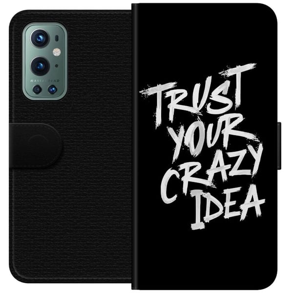 Kompatibelt Lommeboketui til OnePlus 9 Pro Svart-hvitt tekstdesign med budskapet Trust Your Crazy Idea i kraftfull penselstil som inspirerer til mot,