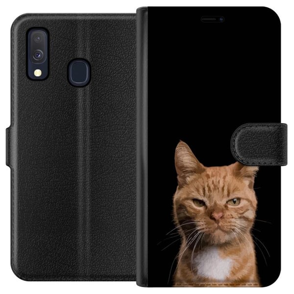 Kompatibelt Lommeboketui til Samsung Galaxy A40 Nærbilde av en oransje katt mot svart bakgrunn med sterk kontrast og et uttrykksfullt blikk