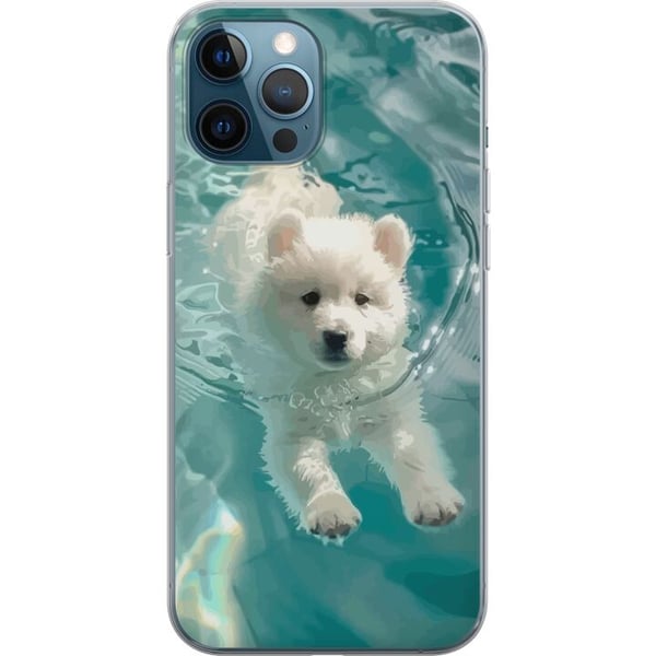 Kompatibelt Mobilskal till Apple iPhone 12 Pro Hundvalp i vatten vit puppy dog swimming pool blå turkos sommarmotiv cute pet illustration design art