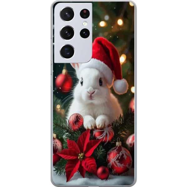 Kompatibel Mobilcover til Samsung Galaxy S21 Ultra 5G Julekanin med nissehue sød kanin vinter røde dekorationer festlig kawaii jul hyggelige lys plak