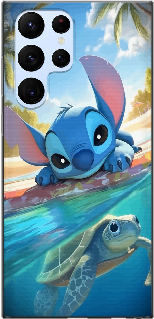 Yhteensopiva Puhelinkuori Samsung Galaxy S22 Ultra 5G Stitch kilpikonnalla - söpö sininen avaruusolento trooppisessa rantaympäristössä Disneyn tapaan