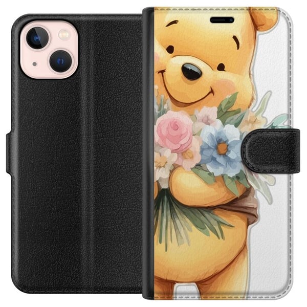 Kompatibelt Plånboksfodral till Apple iPhone 13 Nalle Puh med blommor – klassisk barnfavorit i blommande vårmiljö