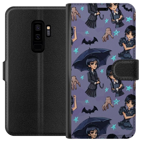 Kompatibelt Plånboksfodral till Samsung Galaxy S9+ Wednesday Addams cartoon poster gothic Netflix serie bats hand Thing purple background cute design