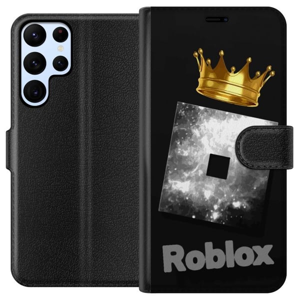 Yhteensopiva Lompakkokotelo Samsung Galaxy S22 Ultra 5G Minimalistinen Roblox-symboli mustana ja hopeisena, kultaisella kruunulla ja ylellisellä pela