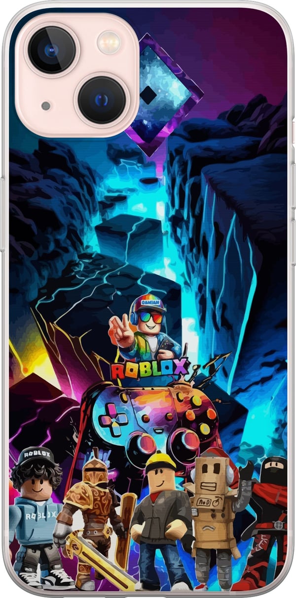 Yhteensopiva Puhelinkuori Apple iPhone 13 Roblox-futuristinen neonmaailma, jossa on peliohjaimia, hahmoja ja valotehosteita – täydellinen kaikille pe