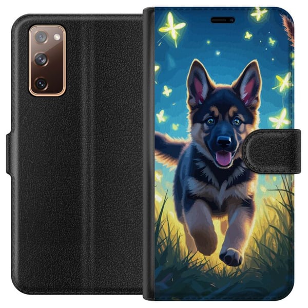 Kompatibel Tegnebogsetui til Samsung Galaxy S20 FE Hvalp schæferhund hund plakat hund hvalp løber eng sommerfugle sød dyreillustration natkunst