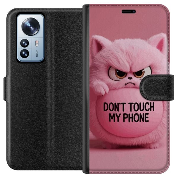 Yhteensopiva Lompakkokotelo Xiaomi 12 Pro Huumoristinen vaaleanpunainen kissa, jonka tekstinä on Don’t Touch My Phone – hauska ja trendikäs kuosi, jo