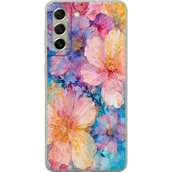 Kompatibelt Mobildeksel til Samsung Galaxy S21 FE 5G Akvellmaleri med store blomster i rosa, blå og gule toner i en myk, kunstnerisk stil