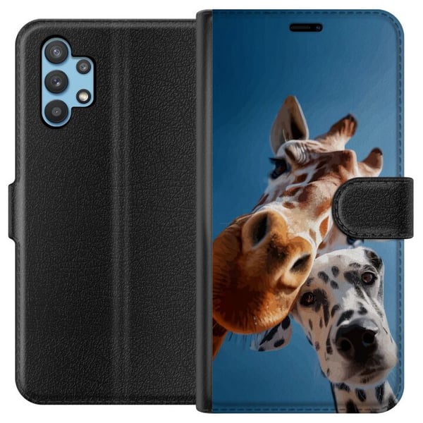 Kompatibelt Plånboksfodral till Samsung Galaxy A32 5G Giraffe Dalmatian Duo motiv med rolig närbild på giraff och dalmatiner i soligt perspektiv Kompatibelt Plånboksfodral till Samsung Galaxy A32 5G Giraffe Dalmatian Duo motiv med rolig närbild på giraff och dalmatiner i soligt perspektiv