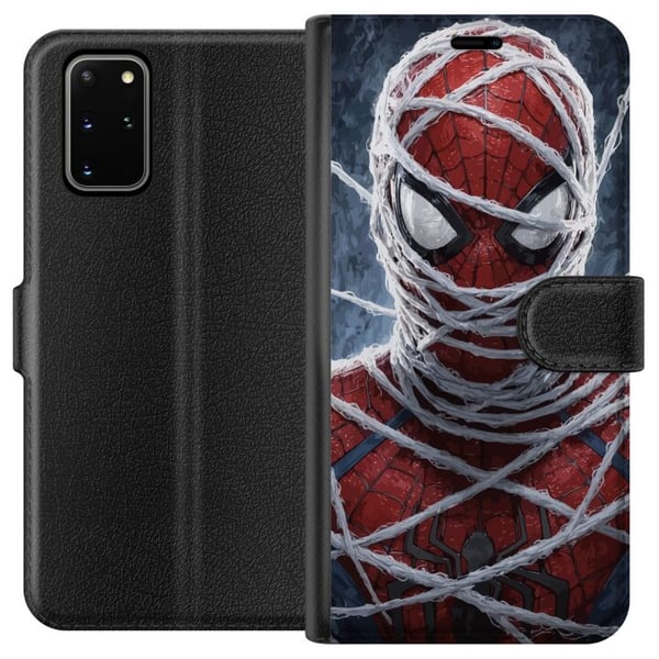 Kompatibelt Plånboksfodral till Samsung Galaxy S20+ Spider-Man täckt av täta nätlager i dramatisk närbild som framhäver maskens struktur intensitet o Kompatibelt Plånboksfodral till Samsung Galaxy S20+ Spider-Man täckt av täta nätlager i dramatisk närbild som framhäver maskens struktur intensitet o