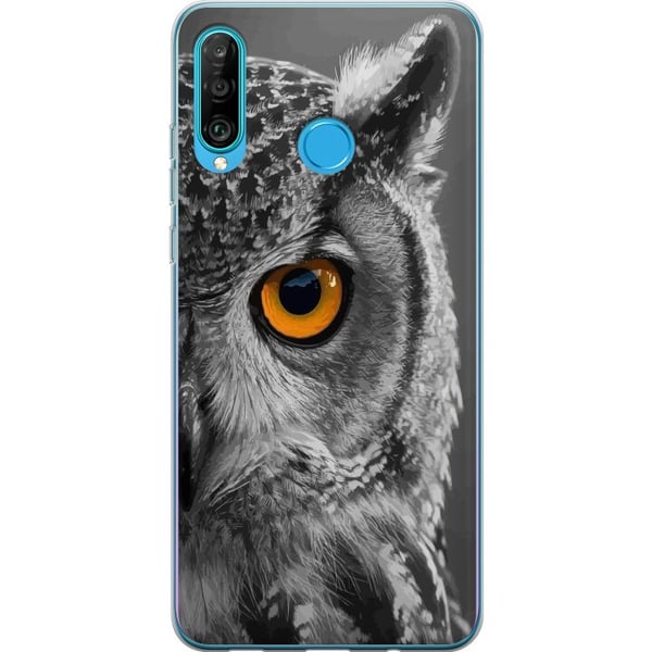 Kompatibelt Mobilskal till Huawei P30 lite Svartvit ugglenärbild med intensivt orange öga och krispiga fjäderdetaljer Kompatibelt Mobilskal till Huawei P30 lite Svartvit ugglenärbild med intensivt orange öga och krispiga fjäderdetaljer