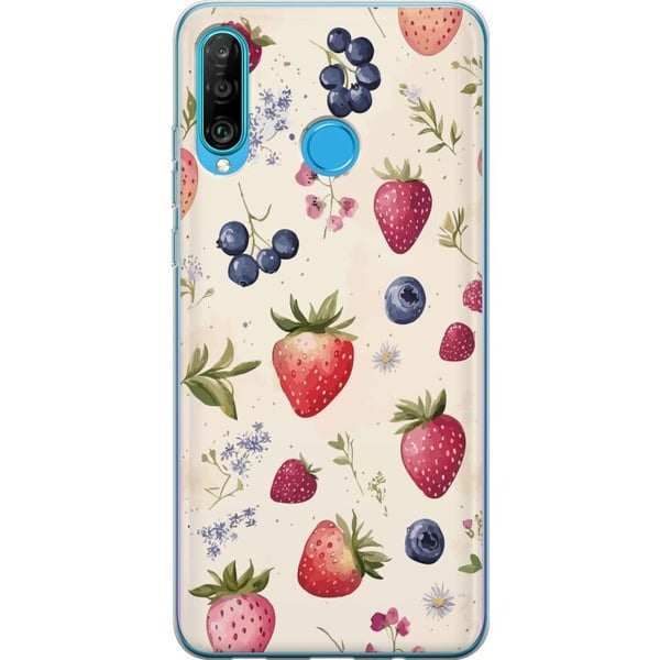Kompatibelt Mobilskal till Huawei P30 lite Somrigt bärmönster med jordgubbar, blåbär och blommor i akvarell – trendig och fräsch design som passar al