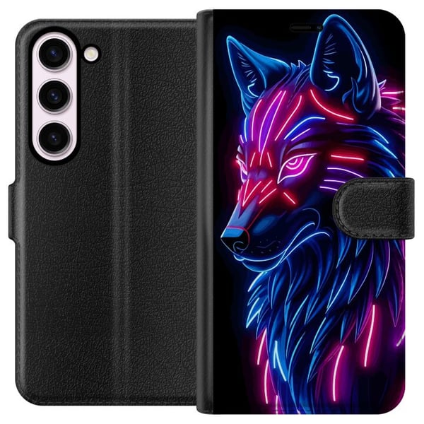 Kompatibel Tegnebogsetui til Samsung Galaxy S23 Neonbelyst ulv i blåt og pink lys med futuristisk cyberpunkstemning Kompatibel Tegnebogsetui til Samsung Galaxy S23 Neonbelyst ulv i blåt og pink lys med futuristisk cyberpunkstemning