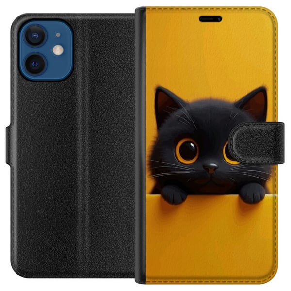 Kompatibel Tegnebogsetui til Apple iPhone 12 Sød sort kat med store øjne på gul baggrund – minimalistisk dyreillustration med varme farver og blød st