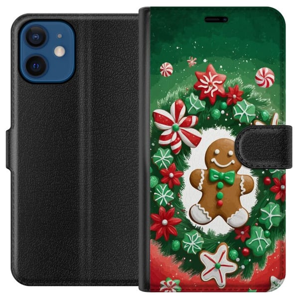 Yhteensopiva Lompakkokotelo Apple iPhone 12 mini Piparkakkuseppele joulumotiivi, jossa on seppele, piparkakku ja klassinen vihreänpunainen värisävy