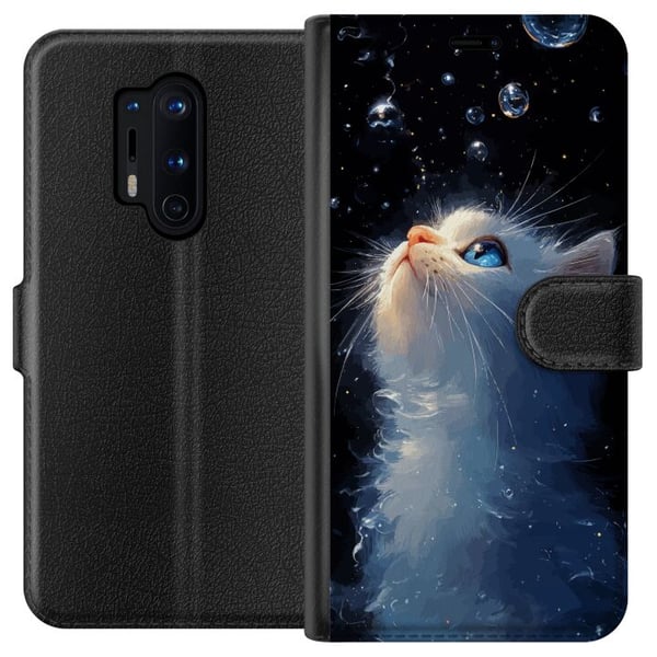 Kompatibel Tegnebogsetui til OnePlus 8 Pro Drømmende stjernekatt med en hvid kat, der kigger mod stjernerne, et drømmende og magisk motiv for katteel