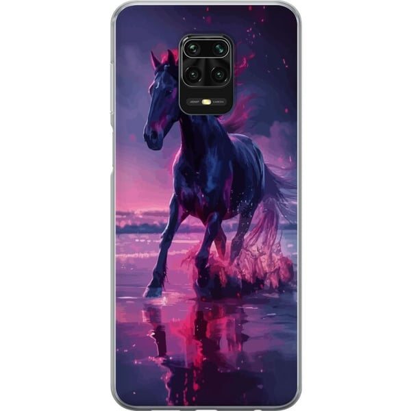Kompatibel Mobilcover til Xiaomi Redmi Note 9S Elegant sort hest, der løber gennem vand i lilla og lyserødt lys med en magisk stemning