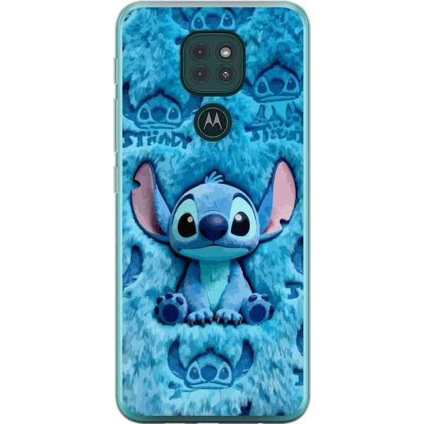 Kompatibelt Mobilskal till Motorola Moto G9 Play Stitch sitter på fluffigt blått mönster med sitt ansikte och öron upprepade som textur vilket skapar