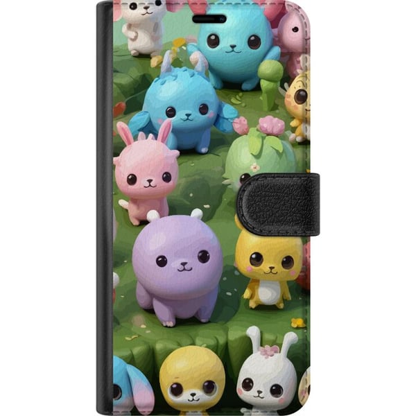 Kompatibelt Plånboksfodral till Samsung Galaxy A32 5G Kawaii djur i pastell färgglada figurer på grön bakgrund lekfullt motiv för barn och unga vuxna