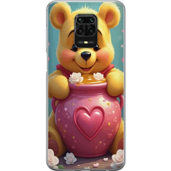 Kompatibel Mobilcover til Xiaomi Redmi Note 9S Sød gul bjørn inspireret af Peter Plys med hjerteformet lyserødt glas og honning, et varmt og charmere