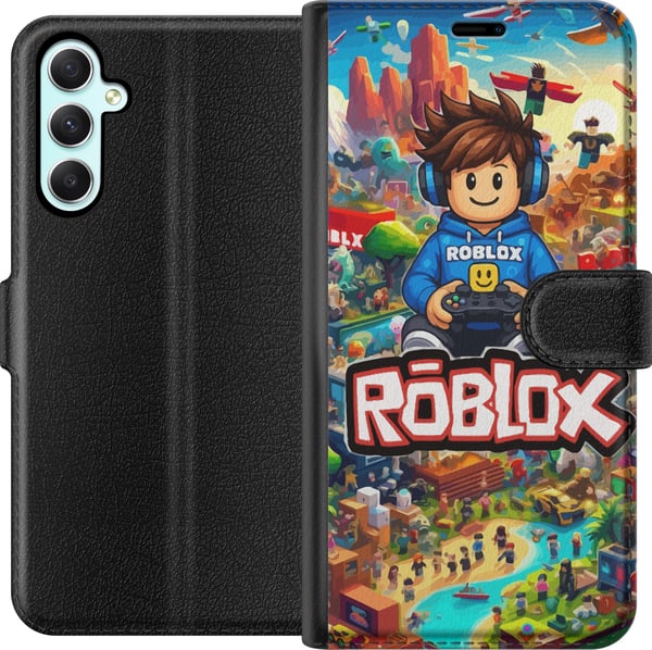 Kompatibelt Plånboksfodral till Samsung Galaxy A34 Roblox-universum med spelkaraktärer actionfyllda äventyr och flygande fordon