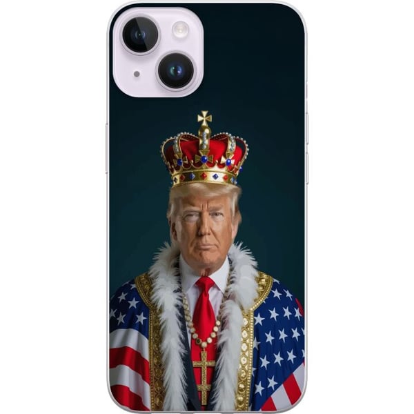 Kompatibelt Mobildeksel til Apple iPhone 14 Plus Portrett av Donald Trump kledd som konge med krone og kappe i USAs flagg, symbolsk og provoserende m