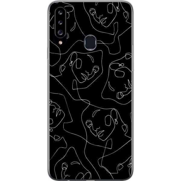 Kompatibelt Mobildeksel til Samsung Galaxy A20s Abstrakte ansikter strekunst i hvitt på mørk bakgrunn moderne minimalistisk stil for kunstelskere